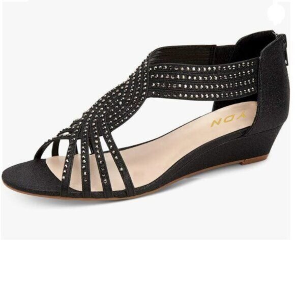 YDN Black Wedge Glitter Open Toe Rhinestones Cross Over Straps Mid Heel Sandals - Picture 1 of 8